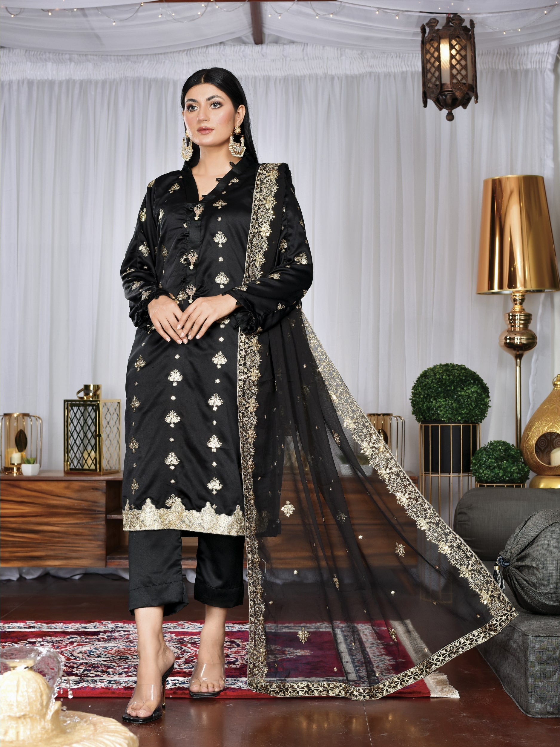 Black pure silk sequins and tilla embroidered (WH-S2-08)