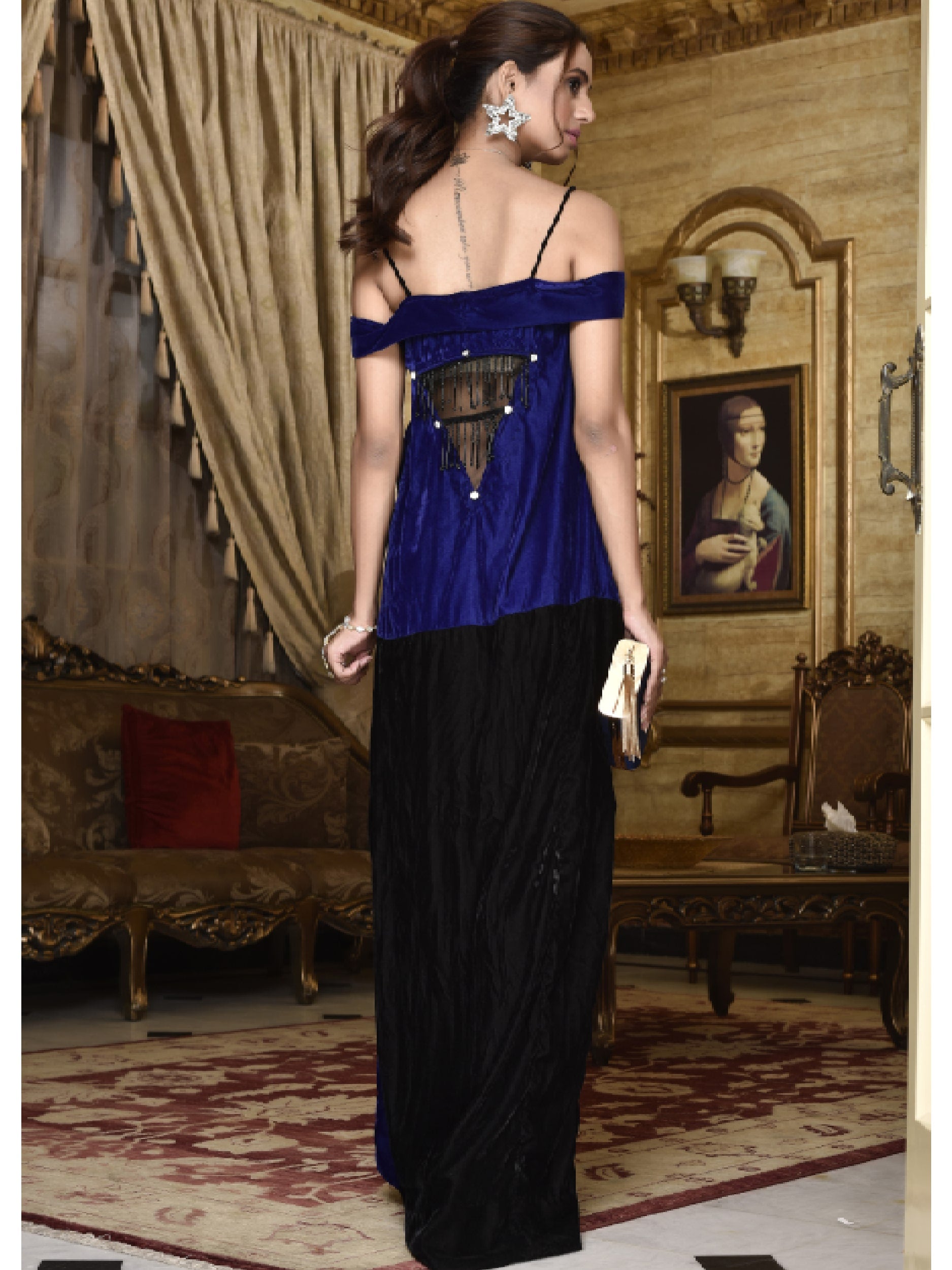 Draped shoulder velvet gown (WH-S1-10)