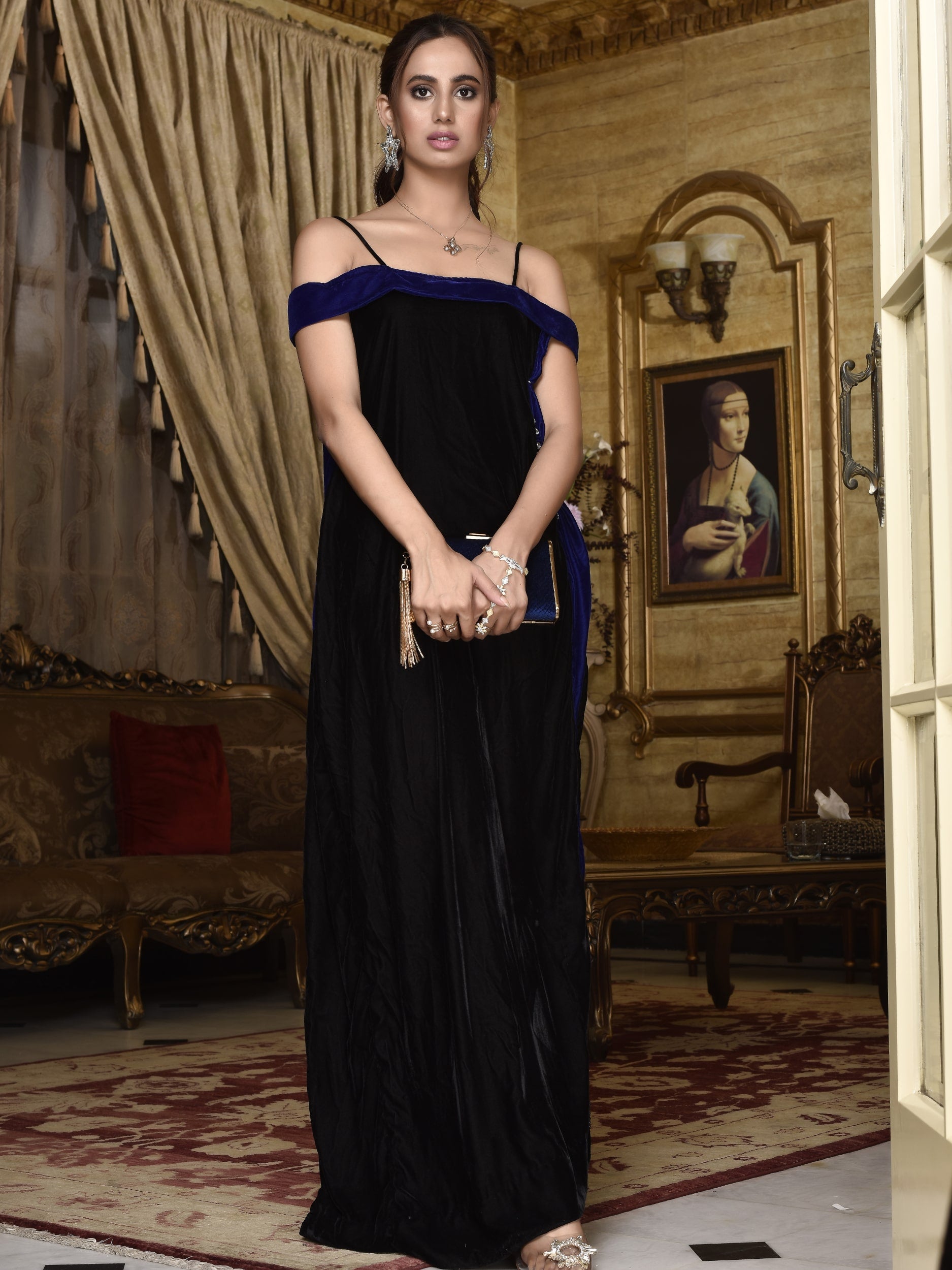 Draped shoulder velvet gown (WH-S1-10)